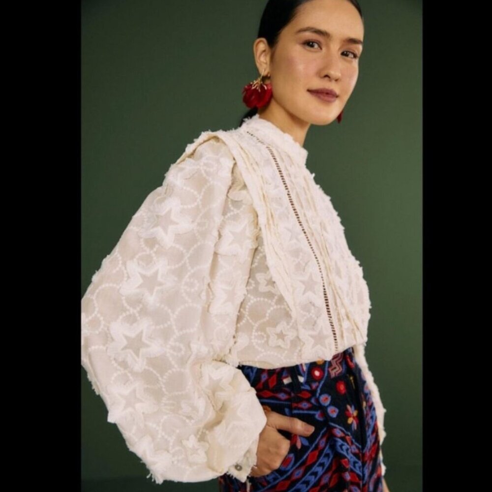 FARM RIO Star 3D embroidered blouse, Ivory, Size L